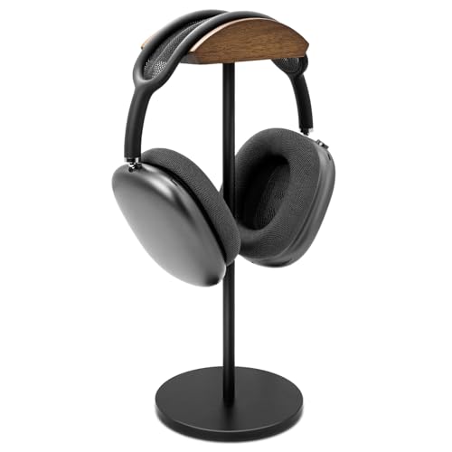 GEVO Headphone Stand for Desk, Walnut Wood & Aluminum Headset Stand, Universal Walnut Gaming Headset Holder with Solid Heavy Base for AirPod Max, Bose, Sony All Headphone Sizes (Circular Base)