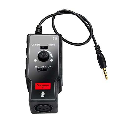 V2 XLR Female to 3.5mm TRS TRRS Adapter Cable for Shotgun or Condenser Rode Sennheiser Microphone, Mic Preamp with 48V Phantom Power Supply for iPhone iPad DSLR Camera (Not for Canon T5, 6 7)