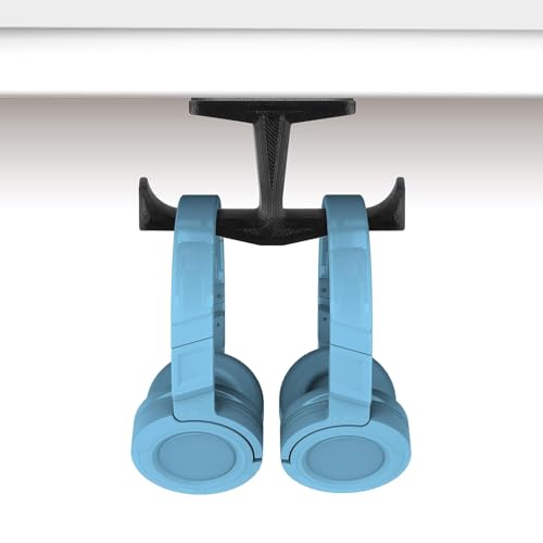 Dual Headphone Stand, Under Desk Hanger for Headphones, Gaming Headsets, Mobiles Accessories, Stick On, No Screws, Black