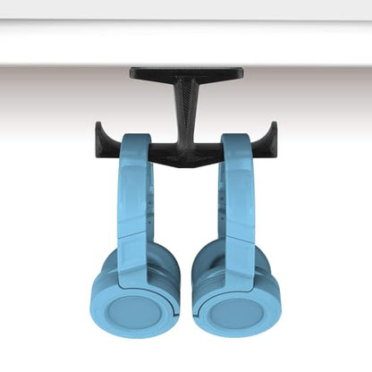 Dual Headphone Stand, Under Desk Hanger for Headphones, Gaming Headsets, Mobiles Accessories, Stick On, No Screws, Black