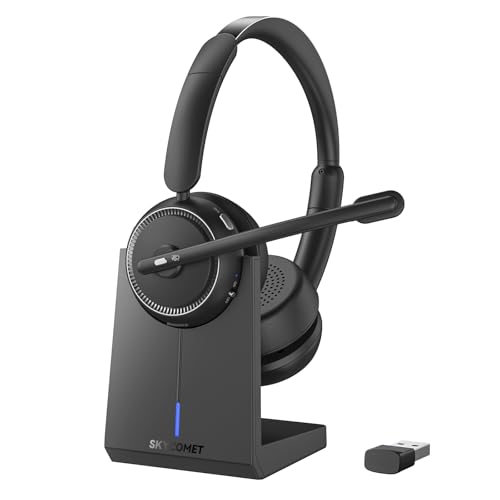 Wireless Headset with Mic for Work, Bluetooth Headset with Noise Canceling Mic & Charging Base, Wireless Headphones with Mic for Remote Workers/Call Center/PC/Laptop/Computer/Home/Office/Zoom/Teams