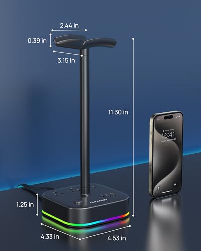 TROND Headphone Stand with USB C, Desk Gaming Headset Holder with 3 AC Outlets, 2 USB-A and 1 USB-C, Headset Stand with 5 RGB Light Modes, for Gaming Desk Accessories Gamer Boyfriend Gifts | 2 USB A and 1 USB C, Headset Stand with 5 RGB Light Modes, for G