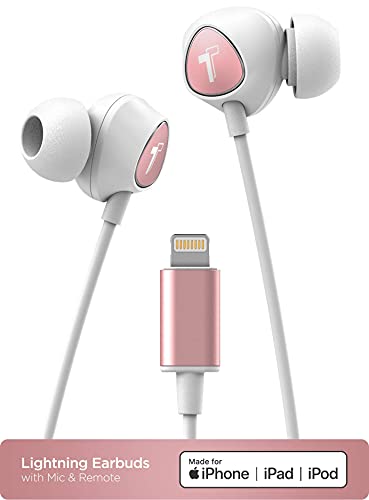 Thore Wired in Ear Headphones for iPhone Xr, Xs Max, iPhone 11, 12, 13, 14 Pro Max Earphones with Mic - Lightning MFi Certified by Apple Earbuds with Remote Microphone + Volume Control (V100) - color: Rose Gold