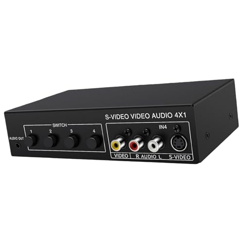 4x1 S Video and RCA Switcher, 4 Input 1 Output Audio Video Switch Selector Box for Game Consoles DVD Players, 720P Metal Shell Manual Push Button Switcher