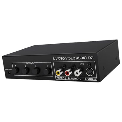 4x1 S Video and RCA Switcher, 4 Input 1 Output Audio Video Switch Selector Box for Game Consoles DVD Players, 720P Metal Shell Manual Push Button Switcher
