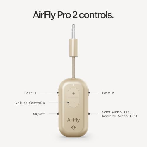 Twelve South AirFly Pro | Bluetooth Wireless Transmitter/Receiver Adapter for 2 Headphones, Audio Sharing, Compatible with 3.5mm aux Jack for Airplanes, TV, Gym, Stereo, and Travel, Gold | Bluetooth Adapter for AirPods/Headphones, 20+ Hr Battery, Works wi
