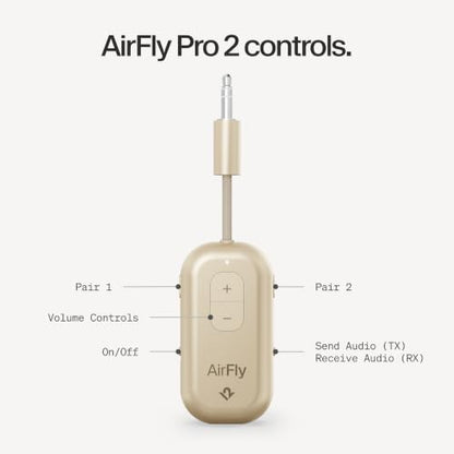 Twelve South AirFly Pro | Bluetooth Wireless Transmitter/Receiver Adapter for 2 Headphones, Audio Sharing, Compatible with 3.5mm aux Jack for Airplanes, TV, Gym, Stereo, and Travel, Gold | Bluetooth Adapter for AirPods/Headphones, 20+ Hr Battery, Works wi
