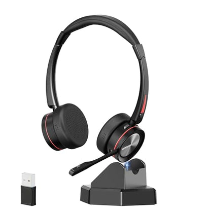 ENC Wireless Headset with Microphone for Mobile, Bluetooth Headset with Noise Cancelling Mic, USB Dongle & Charge Base for Office Work, for Calls Teams Zoom Webex Meeting, Telework
