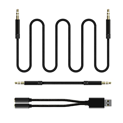 USB to Dual 3.5mm Audio Jack Adapter, Mic-Supported Headphone Adapter for Two Headphones, Speakers to Laptop, with 3-Pole 3.5mm Jack Audio Cables (20cm&100cm) [3 Pack], Black