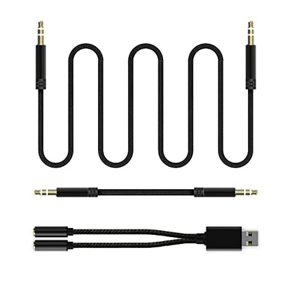USB to Dual 3.5mm Audio Jack Adapter, Mic-Supported Headphone Adapter for Two Headphones, Speakers to Laptop, with 3-Pole 3.5mm Jack Audio Cables (20cm&100cm) [3 Pack], Black