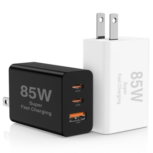 Hzevn 2Pack 85W USB C Wall Charger Block, 3-Port 100W USB C Charging Adapter,Multi Super Fast Charging Power Plug Cube for MacBook Pro/Air,i-Pad Pro,i-Phone 16/15, Galaxy S25，White and Black - color: Black+White