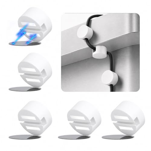 Maveek Magnetic Cable Clips White, Cord Organizer Magnet Silicone Cord Management Charging Cable Holder for Metal Desk, File Cabinet, Home and Office, with Extra Adhesive Plates (5 Piece, Large Size) | Fits Larger Cables Up To 0.3" Thick: PC, Computer, Et