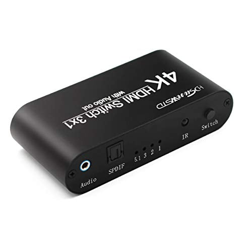 3x1 HDMI Audio Switch,3 in 1 Out Matrix HDMI Video Switcher Splitter +Optical & 3.5mm Audio Output,Support Ultra HD 4K x 2K,3D 1080P,Audio Extractor with Power Adapter