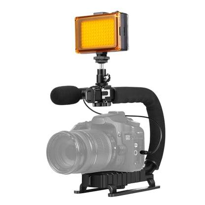 PULUZ U/C Shape Portable Handheld Bracket Stabilizer Kits Handle Grip + LED Studio Light + Video Microphone Kit with Cold Shoe Tripod Head for All SLR Cameras and Home DV Camera Smartphones - style: stabilizer kits 4