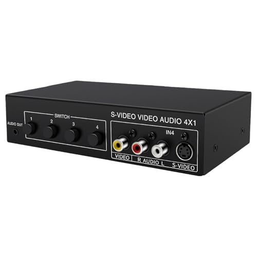 4x1 S Video and RCA Switcher, 4 Input 1 Output Audio Video Switch Selector Box for Game Consoles DVD Players, 720P Metal Shell Manual Push Button Switcher