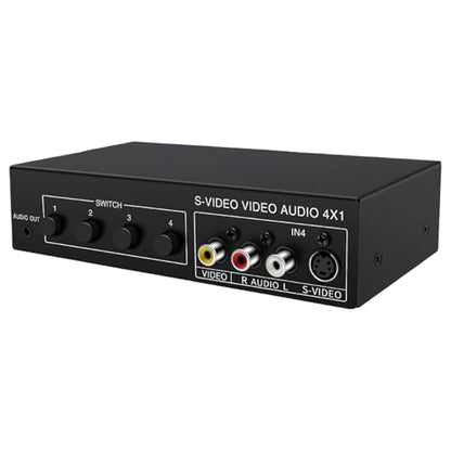 4 Way Av Switcher RCA Selector, 4x1 Composite Video & S-Video Switch Box with Stereo, Manual Push Button Source Selector for Tv DVD Stb Gaming Console,6.41"x3.42"x1.53"
