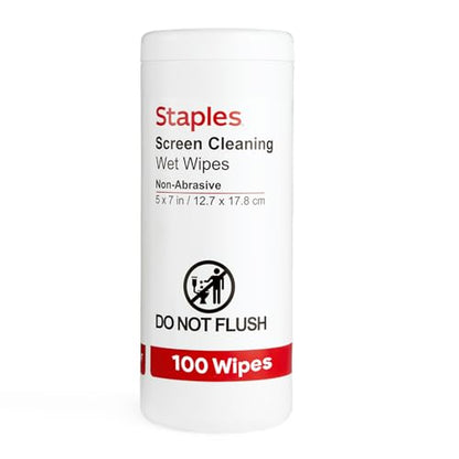Staples Screen Cleaning Wipes – 100‑Count Tub for Monitors, Laptops, Phones & Electronics | Safe for monitors, laptops, and phones. Removes dust, smudges, and grime. - size: 100 Count (Pack of 1)