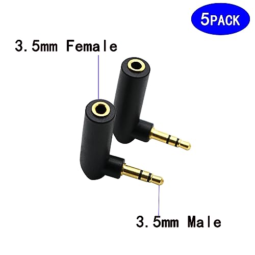 3.5mm Angle Male to Female Audio Adapter, 90 Degree Right Angle Gold-Plated TRS Stereo Jack Plug AUX Connector Compatible with Headset, Tablets, MP3 Players, Speakers(5 Pack)…