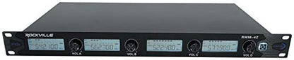 Rockville RWM-4Z Quad Wireless UHF Handheld/Headset Microphone System | 20 Channel, 2 Handheld Mics, 2 Headsets, 2 Bodypacks, Rack Mount Receiver, XLR Outputs, 400 Ft Range, 10-Hour Battery