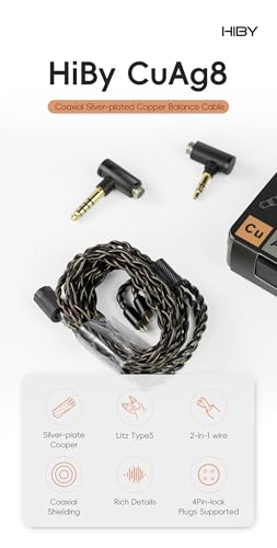 HiBy CuAg8 Balance Earphone Cable Coaxial Silver-Plated Copper Litz Type5 Coaxial Shielding 4Pin-Lock Plugs 3.5mm+4.4mm Jack