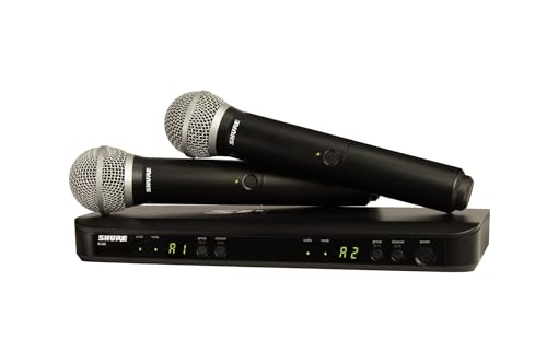 Shure BLX288/PG58 Dual Wireless Vocal System - H11 Band | 14-hour battery and 300 ft UHF range with two PG58 handheld vocal mics and dual-channel receiver for live vocals - style: H11 Band (572-596 MHz)