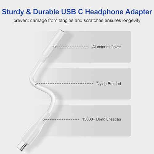 USB C to 3.5mm Headphone Adapter for Samsung Galaxy S26 S25 Ultra S24FE S23 | 3.5mm to usb c Audio AUX Mic Jack Adapter Dongle Cable for Google Pixel 10A 10 Pro Fold XL 9 Rro XL 8 Pro,iPhone 17 16 15 Pro - color: White