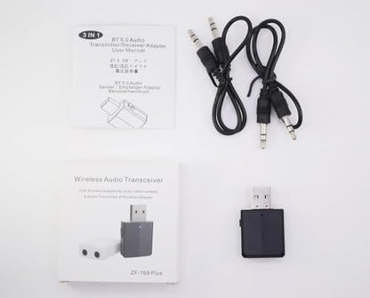 USB Bluetooth 5.0 Adapter, 3-in-1 Receiver and Transmitter, Portable Mini Audio Adapter Transmitter Receiver with 2X 3.5mm Digital Audio Cable for PC/Headphone/TV/Car