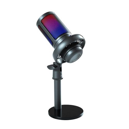 USB Microphone for PC Gaming Color Lighting Mic Mute Button Condenser with Knob Solid Base - color: Black
