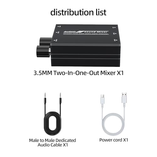 2 Channel Audio Mixer, Supports Two Stereo Audio Input Mixer and Output Audio Mixer, Contains Two 3.5mm Audio Cables and a USB Power Supply Cable, Suitable for PCs, Mobile Phones, laptops, etc