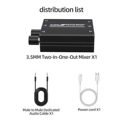 2 Channel Audio Mixer, Supports Two Stereo Audio Input Mixer and Output Audio Mixer, Contains Two 3.5mm Audio Cables and a USB Power Supply Cable, Suitable for PCs, Mobile Phones, laptops, etc