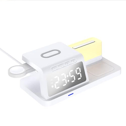 IHAO 6in1Digital Alarm Clock with Wireless Charging Station Night Light 15W Fast Charging for Qi Phone Headphone Bracket for iWatch LED Display Dimmable Brightness-HT309 White - color: Wireless Charger Alarm Clock HT309 White