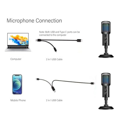 USB Microphone,with Brilliant RGB Lighting Headphone Output Volume Control, Mute for Computer Mobile Phone Live Streaming Recording