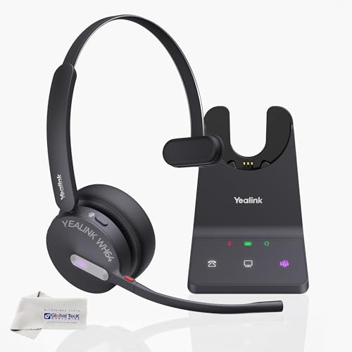 Yealink WH64 Wireless DECT Headset & Bluetooth MS Mono, Teams & Zoom Compatible, Acoustic Shield 2.0, 3-Mic Noise Cancellation, All-Day Comfort, Plug & Play for PC, Phone & UC Platforms, Long Battery - style: WH64 Mono-MS