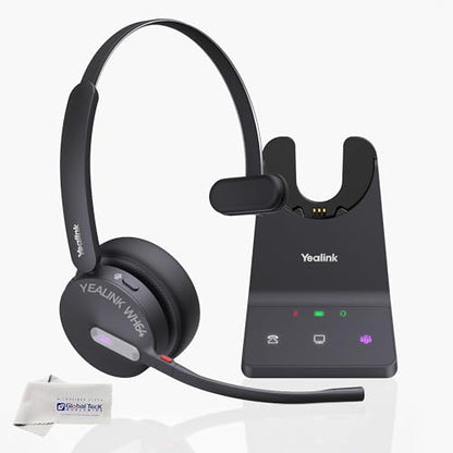 Yealink WH64 Wireless DECT Headset & Bluetooth MS Mono, Teams & Zoom Compatible, Acoustic Shield 2.0, 3-Mic Noise Cancellation, All-Day Comfort, Plug & Play for PC, Phone & UC Platforms, Long Battery - style: WH64 Mono-MS