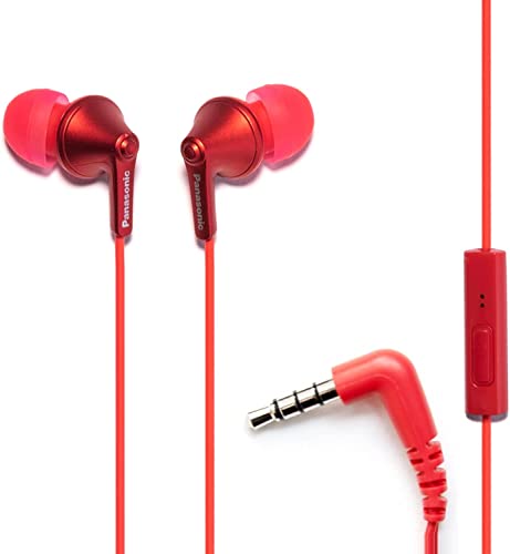 Panasonic ErgoFit Wired Earbuds with Microphone, 3.5mm Jack Headphones with Mic and Call Controller, Ergonomic Custom-Fit Earpieces (S/M/L), for Phones and Laptops - RP-TCM125-R (Red) - color: Red, style: With Mic