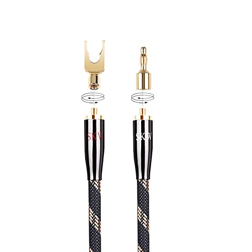 SKW HI-FI Speaker BiWire Jumpers Banana to Spade, Set of 2 (2 Cables) | 14AWG, Ultra-high Purity Copper, convertible plugs, dual-shielded, braided jacket, bi-wire speaker binding post bridge