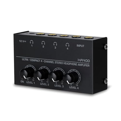 DC 12V 4-CH Stereo Headphone Audio Amplifier with 6.35MM Outputs Lossless Sound Independent Volume Control