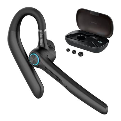 Philips Trucker Bluetooth Earpiece, Wireless Bluetooth Headset with Mic, 400mAh Charging Case with LED Display, All-Day Extended Talktime, Built-in Mic for Hands-Free Calling, Designed for Office Work - color: Black