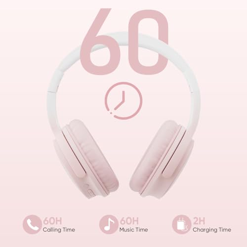 Wireless Headphones, Bluetooth Over Ear Headsets with Microphone, Hi-Fi Audio, 60H Playtime, Touch Control, Foldable Lightweight, On-Ear Headphones for Girls Women, Travel, Work, - color: Cherry Blossom Pink