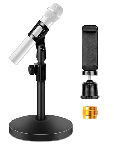 Desktop Microphone Stand with Microphone and Cell Phone Clip | 1.5 lbs Weighted Base, Adjustable Height, with 5/8" to 3/8" Metal Adapter Phone holder for Podcast, Recording, Livestream - size: Upgraded 101S