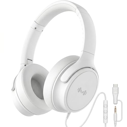 Wired Over-Ear Headphones, Mic, 3.5mm, USB-C Adapter, White | Over-ear comfort with inline mic, volume control, 3.5mm jack, and USB-C adapter for phones, laptops, PCs, and tablets. - color: White
