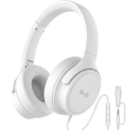 Wired Over-Ear Headphones, Mic, 3.5mm, USB-C Adapter, White | Over-ear comfort with inline mic, volume control, 3.5mm jack, and USB-C adapter for phones, laptops, PCs, and tablets. - color: White