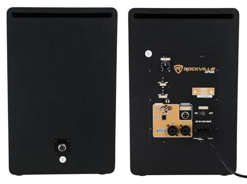 Rockville APM8D 8" Powered Active Studio Monitor Pair with RRS263M Pads | Dark Wood, 500W Peak / 250W RMS, Class D Bi-Amped, USB/XLR/TRS/RCA Inputs, RRS263M 3-Angle Isolation Pads, Studio, 4-items