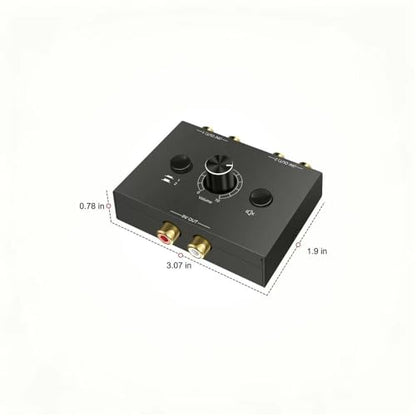RCA Stereo Audio Switcher R/L Audio Selector Splitter 2(1)-in-1(2)-Out Audio Selector Switch Box with One Key Mute and Switch Compatible Active Speaker,PC,Ipad,etc