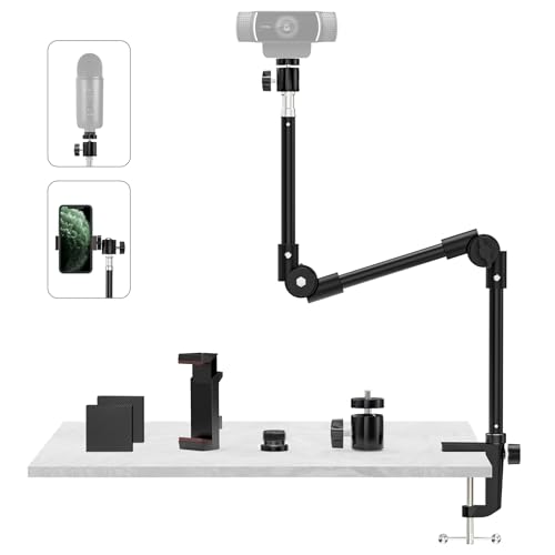 Webcam Stand Camera Desk Mount with Phone Holder & 5/8" Screw - 22" Flexible Projector Stand Gooseneck Desk Mic Stand for Logitech C922 C930e C920 C615 C960 Brio 4K, GoPro, Blue Yeti Snowball Ice