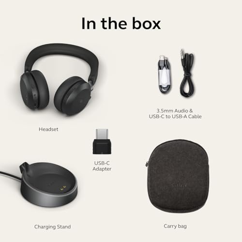 Jabra Evolve2 75 PC Wireless Headset with Charging Stand and 8-Mic Technology - Dual Foam Stereo Headphones with Advanced Active Noise Cancelling, USB-C Bluetooth Adapter and UC Compatibility - Black - size: USB-C Dongle, style: All Platforms
