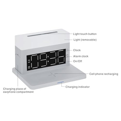 IHAO 6in1 Smart Alarm Clock with Wireless Charger RGB Mood Light 15W Fast Wireless Charging for All Qi Phone TWS Headphone Compliant with i-Watch 7 Color Night Light Large Digital Display-White - color: Multifunctional Alarm Clock White