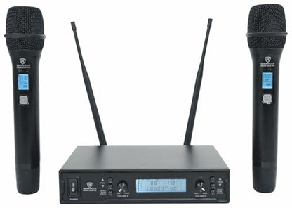 Rockville RWM-200 H2 Dual Handheld UHF Microphone System, 200 Channels, On-Mic 3-Band EQ & Echo, up to 500ft Range, XLR Outputs, Cardioid Mics, Full Metal Build, Ideal for Events, DJ, Karaoke | 200 Channels, XLR/1/4" Outputs, 500' Range, Metal Receiver, B