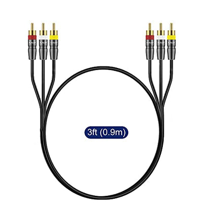 J&D 3RCA Male to Male 3 Feet Cable, Gold Plated Connectors, Heavy Duty Copper Shell, Ideal for Home Entertainment Systems, DVD, VCR, HD TV and Other 3RCA Enabled Devices - size: 3 Feet