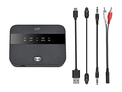 Monoprice Bluetooth 5 Long Range Transmitter and Receiver - with AptX HD and AptX Low Latency, SBC, AAC, Up to 32 Feet (10 Meters) Toslink/Optical, 3.5mm Aux, Up to 25 Hours of Audio Playback
